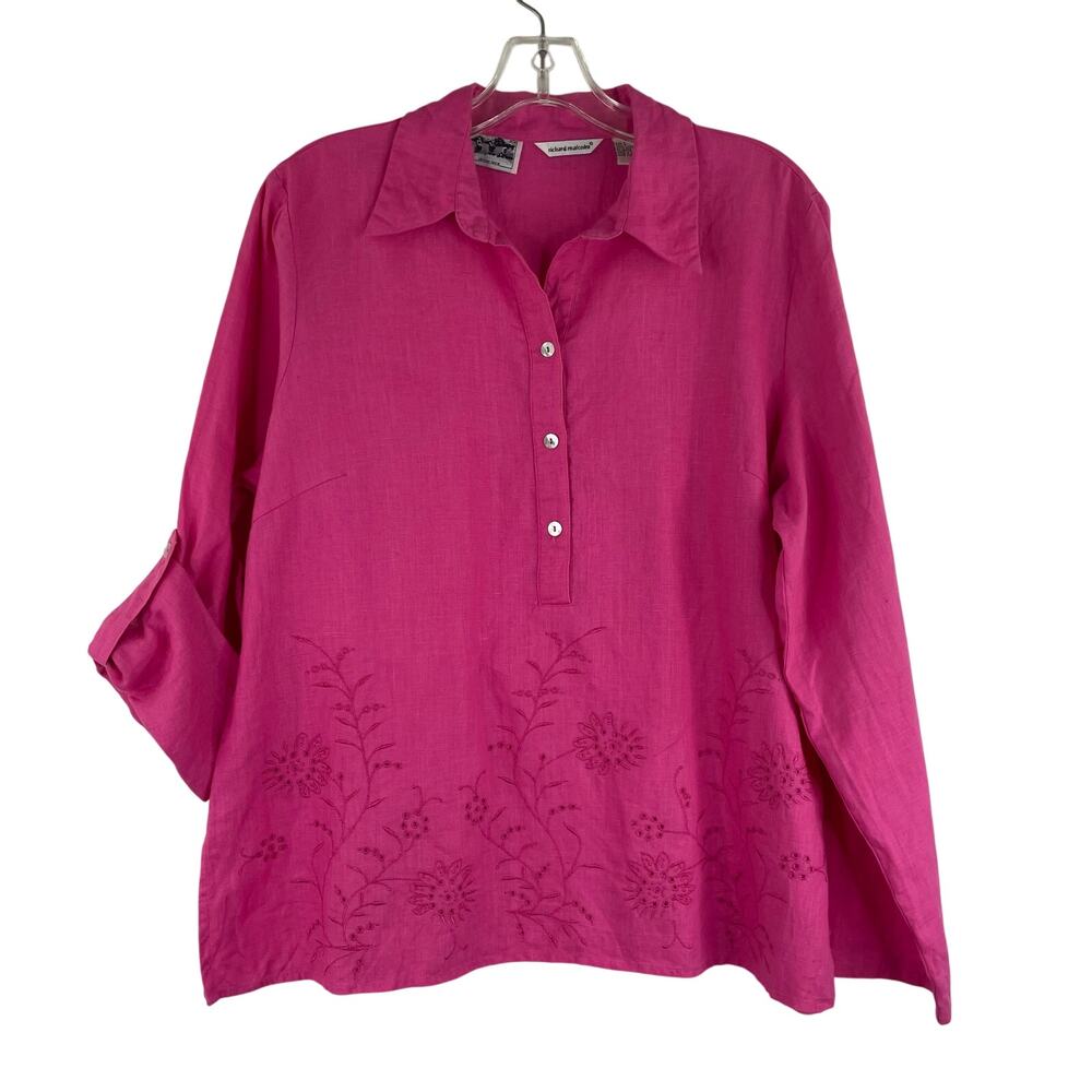 Richard Malcolm 100% Irish Linen Button Up Blouse Floral Embroidered Large
